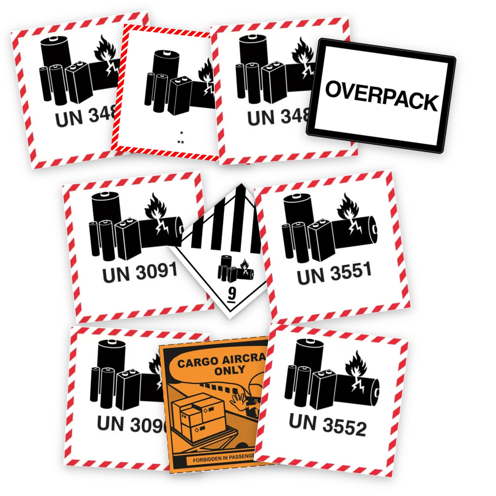 Lithium & Sodium-ion Battery Label Kit | 10 packs × 10 = 100 labels | 9A, UN3480, UN3481, UN3090, UN3091, UN3551, UN3552, CAO | IATA | ADR