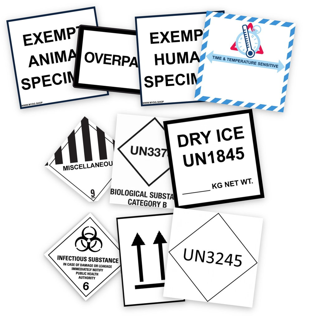 Pharma & Laboratory Label Kit | 10 packs × 10 = 100 labels | UN3373, Exempt Specimen, 6.2, Dry Ice, UN3245, Temperature | IATA | ADR