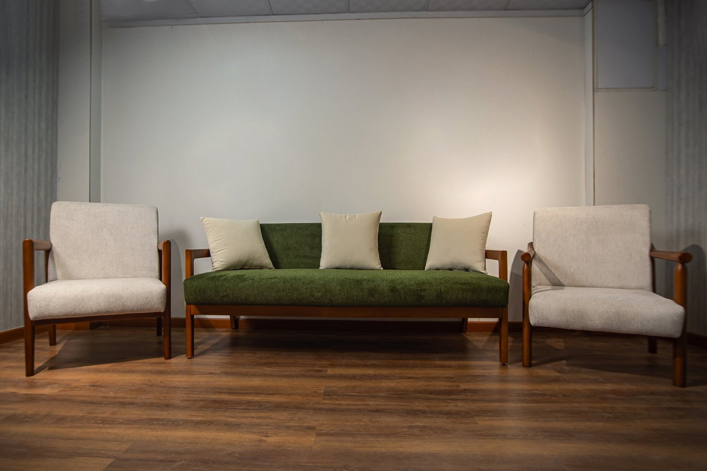 Wooden Frame Living Room Set in Green with Cream Armchairs