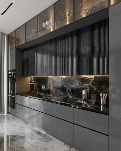 Graphite Grey Kitchen with Fluted Cabinets, Glass Displays and Black Marble
