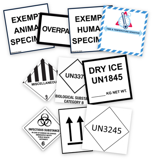 Pharma & Laboratory Label Kit | 10 packs × 10 = 100 labels | UN3373, Exempt Specimen, 6.2, Dry Ice, UN3245, Temperature | IATA | ADR
